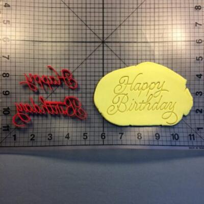 Happy Birthday Cursive 100 Cutter is shown along with intended result.