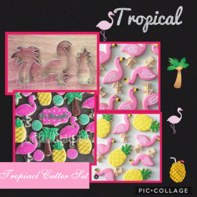 M Tropical Flamingo / Pineapple / Palm Tree Cutter set is shown along with end results.