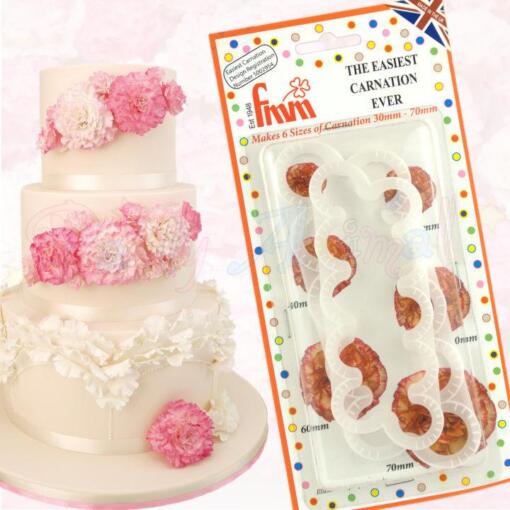 Cake is shown along with fmm easiest carnation ever cutter and end result.